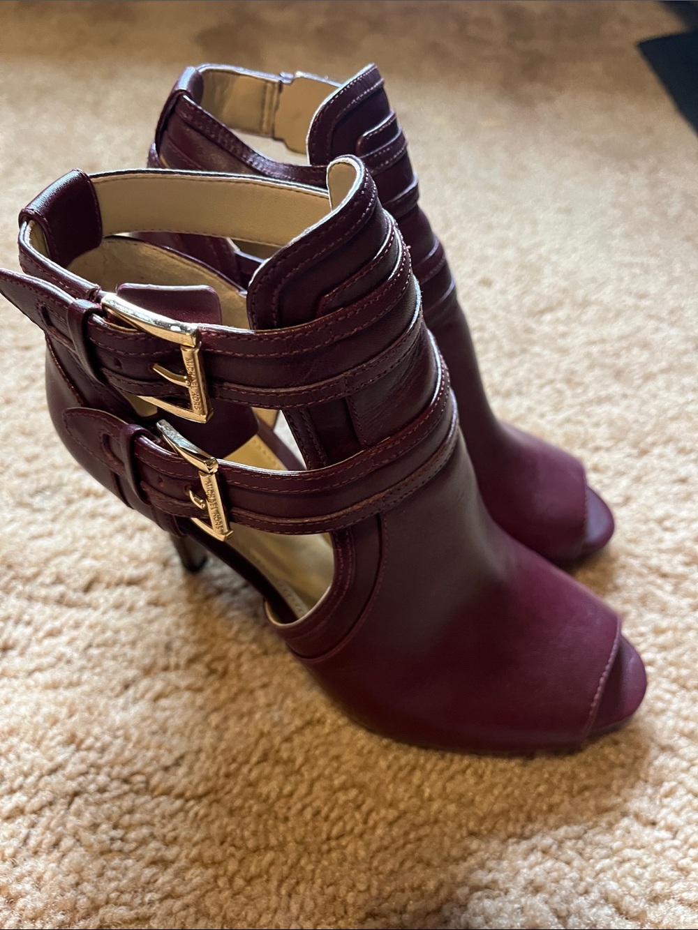 Michael Kors Dark Red Peep Toe Heels with buckles